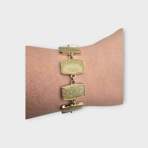 Textured Gold Sparkle Rectangle Link Vintage Bracelet - Picture 2 of 7